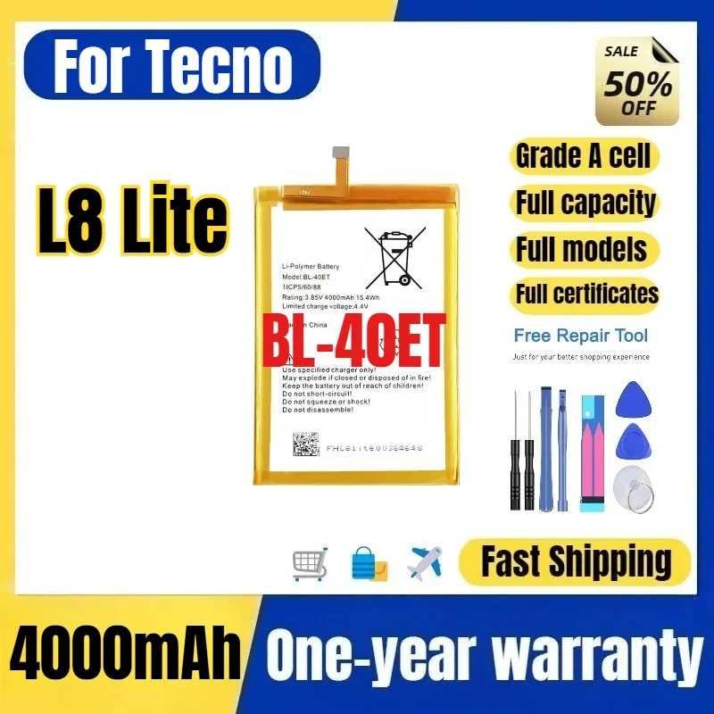 BL-40ET for Tecno L8 Lite Phone Battery 0 Cycle High Quality High Capacity Battery Replacement Bateria Grade A Cell with Tools