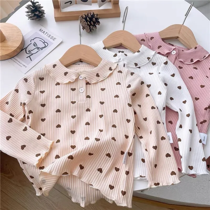 Children's Base Clothes Spring and Autumn Styles Baby Girl Cute and Simple Doll Collar Top Long Sleeved Base T-shirt