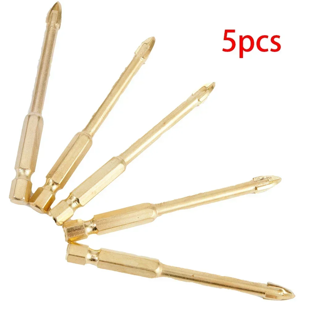5pcs 6mm Titanium Ceramic Tile Marble Glass Drill Bits Spear Head Hex Shank  Drills Glass, Ceramic, Wood, Metal, Plastic