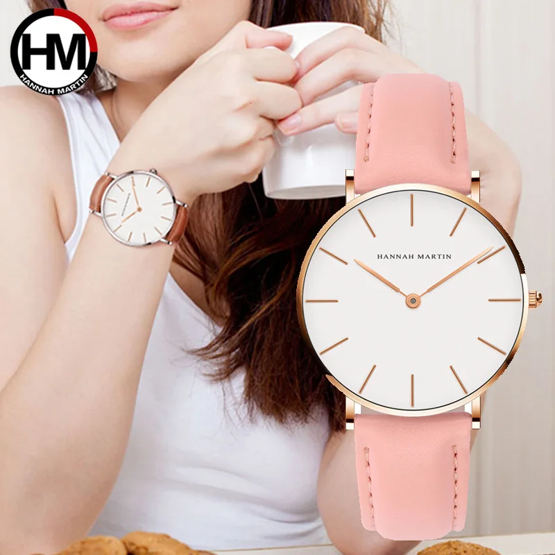 HANNAH MARTIN Top Brand Women Waterproof Wrist Watch 36mm Fashion Luxury Ultra Thin Dial Leather Watchband Creative Ladies Watch