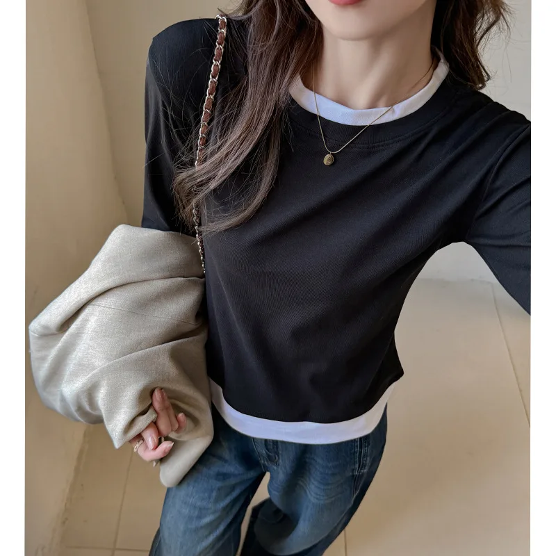 

Оптовая хлопковая футболка с круглым вырезом для женщин, искусственные двойки, простые футболки, повседневные футболки с длинными рукавами, осенне-зимний базовый топ