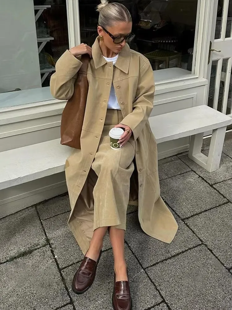 Vintage Long Trend Coat Skirt Sets Women Lapel Single Breasted Loose High Waist Skirts Suits Female Autumn Ladies Two Piece Set