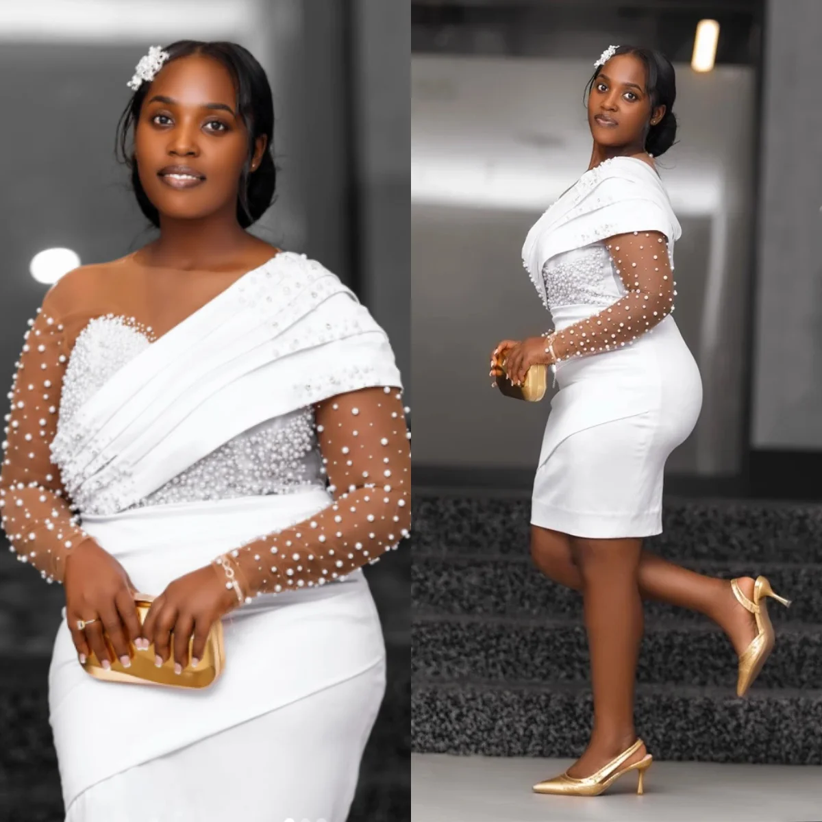 Customized Short Wedding Dresses Customized Pearls Long Sleeve Bridal Gowns African robes de soirée for Bride Party