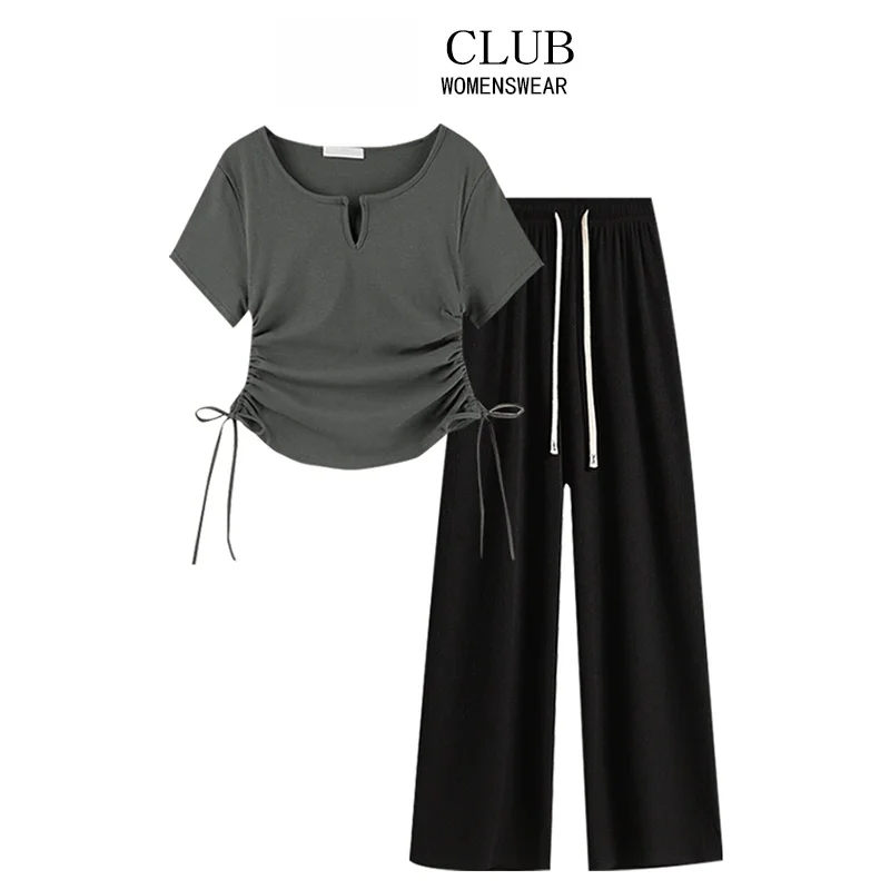 

plus Size Slimming Meat Covering Set Women Summer Overhead Short Sleeve Shirt High Waist Wide Leg Pants Two Piece Set