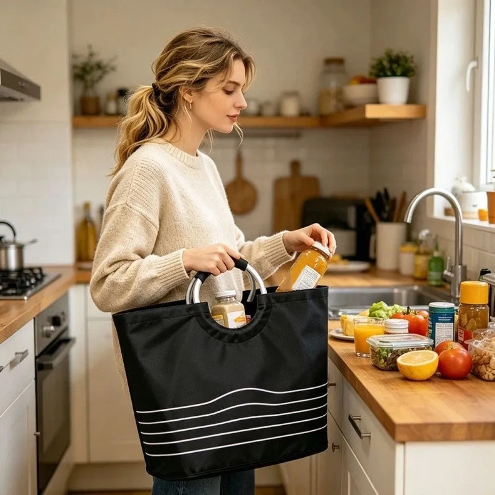 Sacs de rangement avec poignée, grande capacité, sac de courses portable, panier à linge rayé lavable
