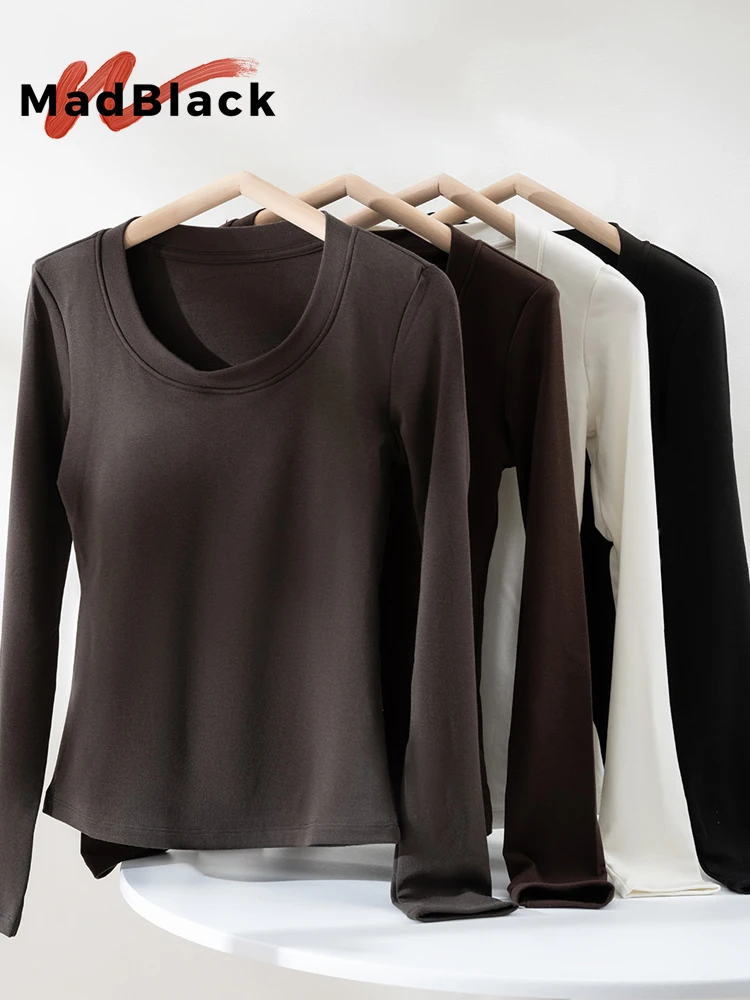 MadBlack-Wool Blended Elegant Knit Autumn Clothes, O Neck With Padded Cups, Women Basic Casual Warm Top, 2026 Autumn P68345CC