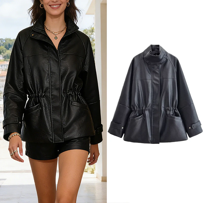 

Women's Jacket 2025 New Fashion Winter Black Long Sleeve Pebble Faux Leather Jacket Adjustable Waist Personality Women Coat