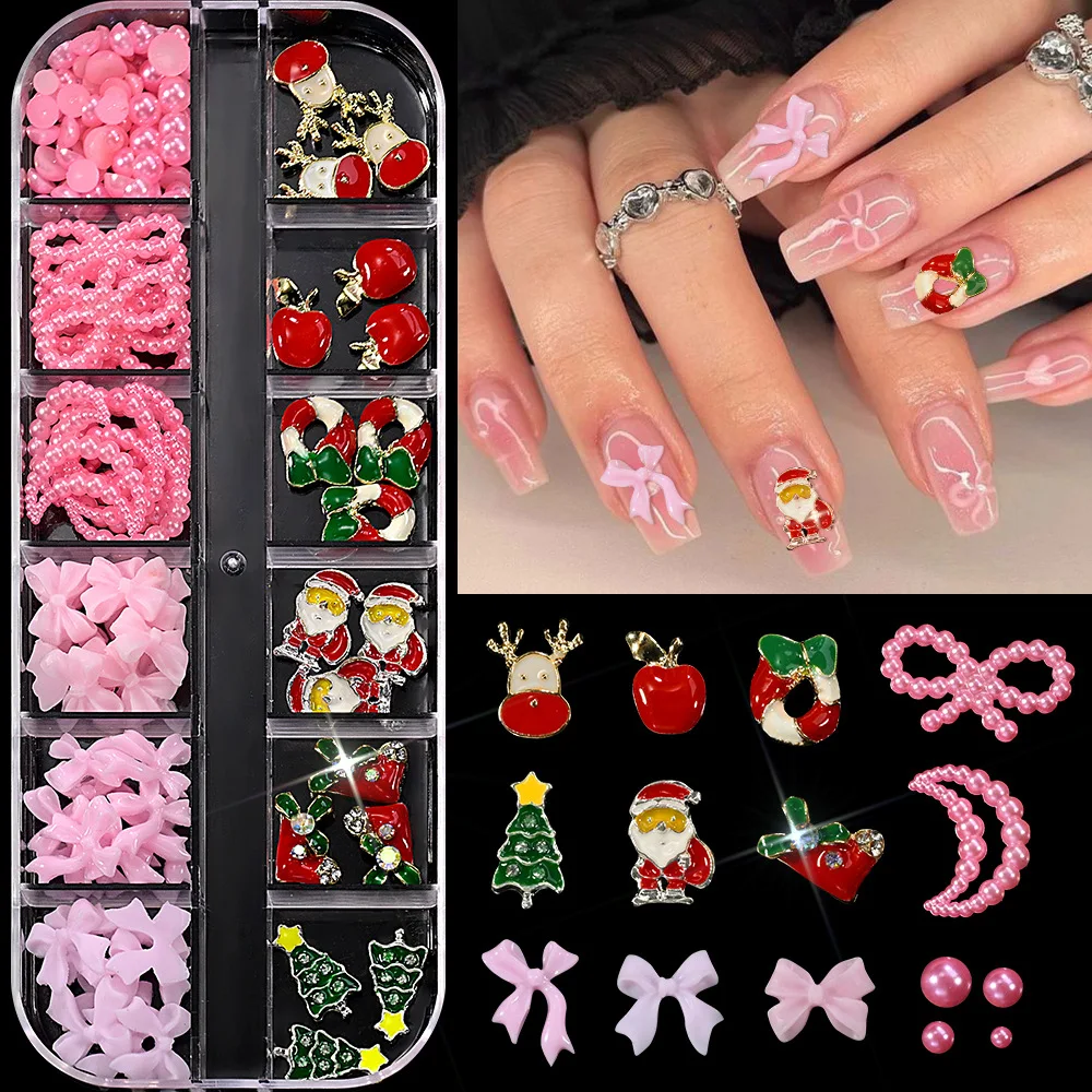 Weihnachts-Nagelkunstdekorationen mit 12 Fächern, gemischte Schleife/Mond/Hirsch/Weihnachtsbaum/Weihnachtsmann-Nageldekoration, glitzernde Charm-Maniküre-Ornamente