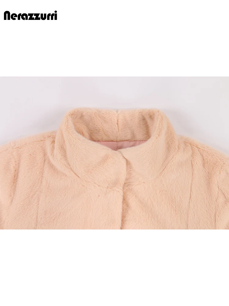 Nerazzurri Autumn Winter Extra Long Soft Flowy Pink Fluffy Faux Fur Coat Women Stand Collar Sashes A Line Furry Overcoat 2023