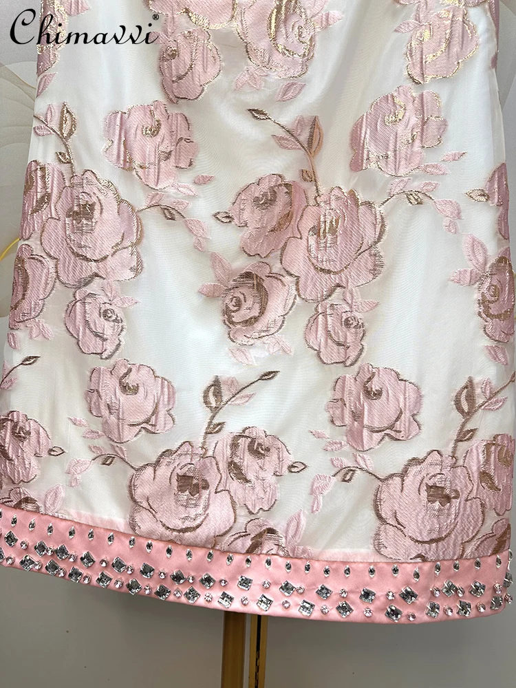 High-end Organza Handmade Diamond Bronzing Embroidered Flower Sweet Dress Summer New Round Neck Slim-fit Elegant Dresses