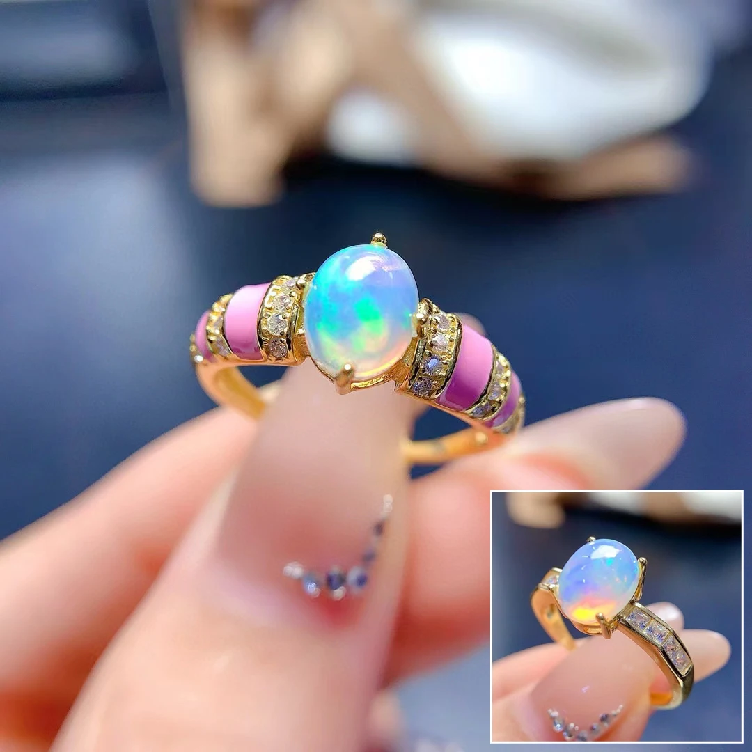 

MeiBaPJ 6mm*8mm Natural Opal Gemstone Fashion Ring for Women Real 925 Sterling Silver Charm Fine Wedding Jewelry