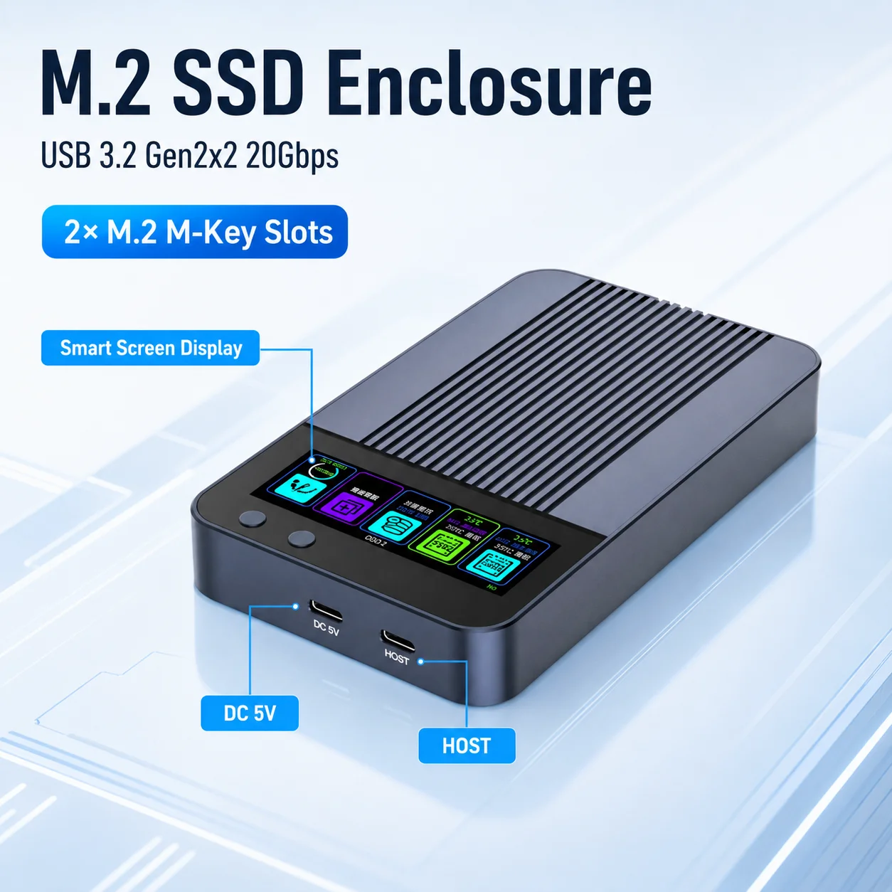 Smart Screen M.2 NVMe SATA SSD Enclosure 20Gbps USB-C Dual Slot RAID Offline Clone Aluminum Case with LCD Display