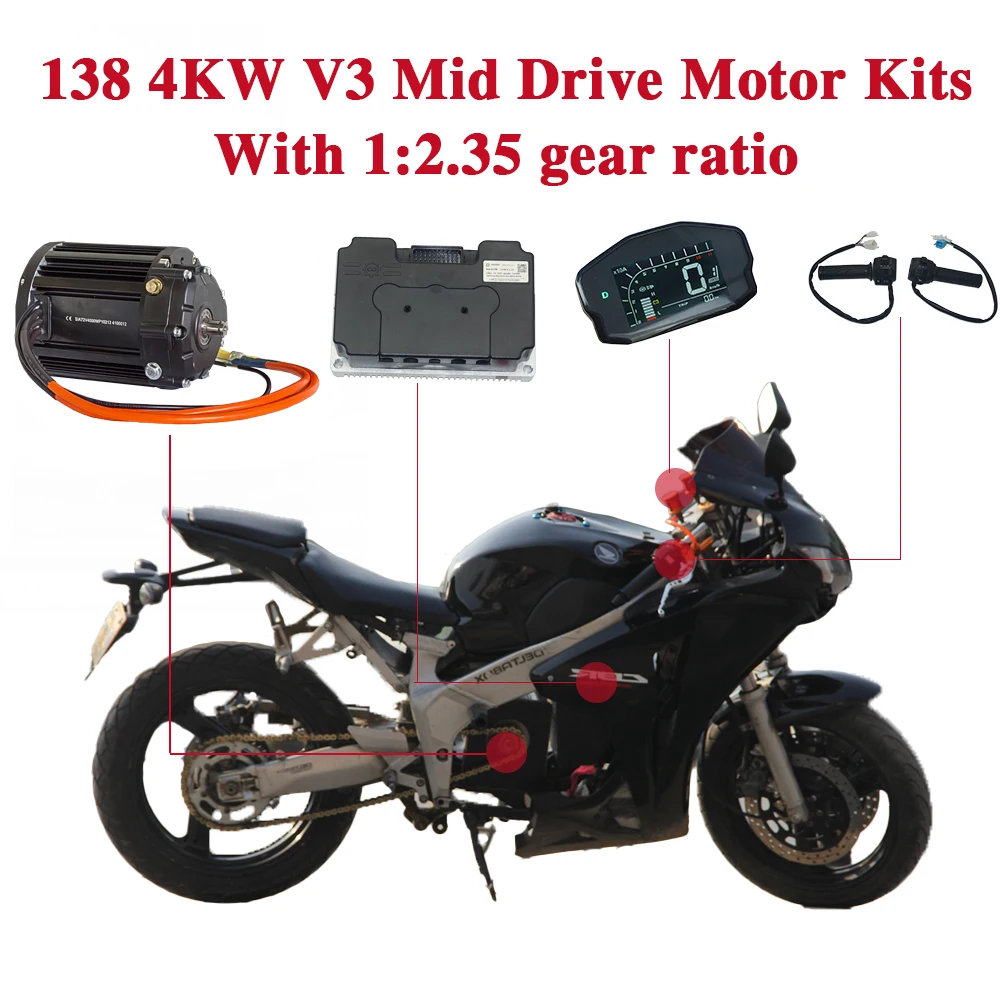 QS Motor QS138 90H V3 4KW 7200rpm with 1:2.35 gear box Mid Drive Motor Kits with ND96680 FARDRIVER Controller for E-Motorcycle