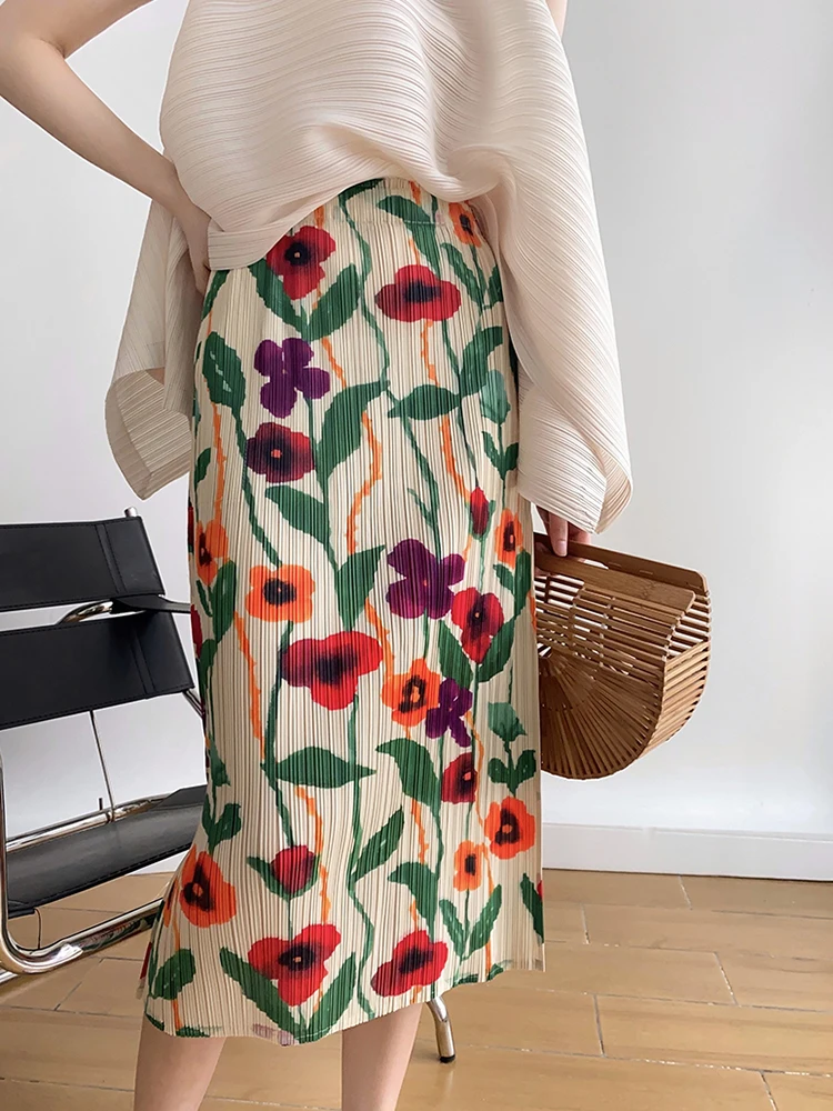 Miyake Pleats Flower Printed Skirt High Waist Slit Straight Women 2023 Spring Summer New Korean Fashion Causal Designer Clothes