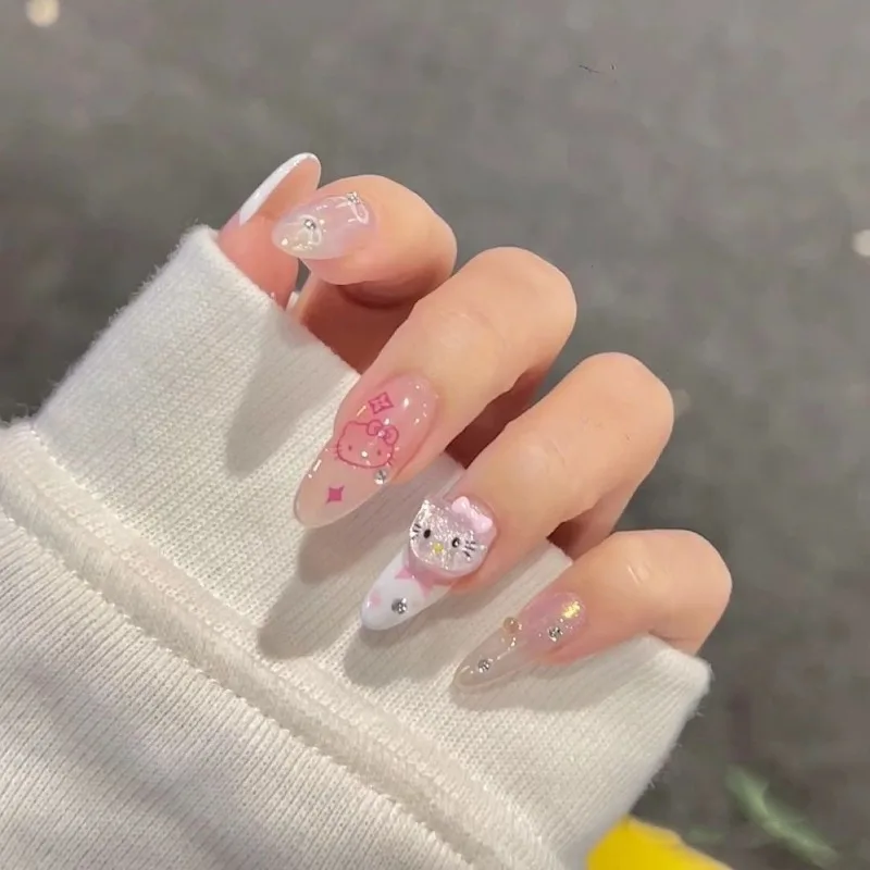 24Pcs Pink Almond Press on Nails with 3D Hellokitty Charms Design Ballerina False Nails Full Cover for Sweet Girls Nail Tips