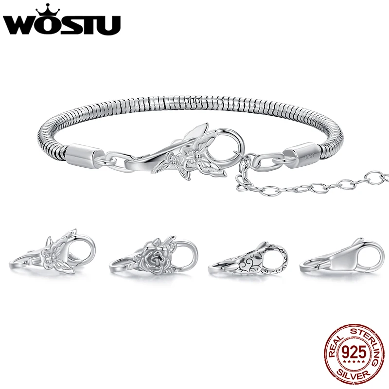 WOSTU Real 925 Sterling Silver Basic Snake Bangle Bracelet Butterfly Flower Closure Buckle For DIY Charms Bead Jewelry Make Gift