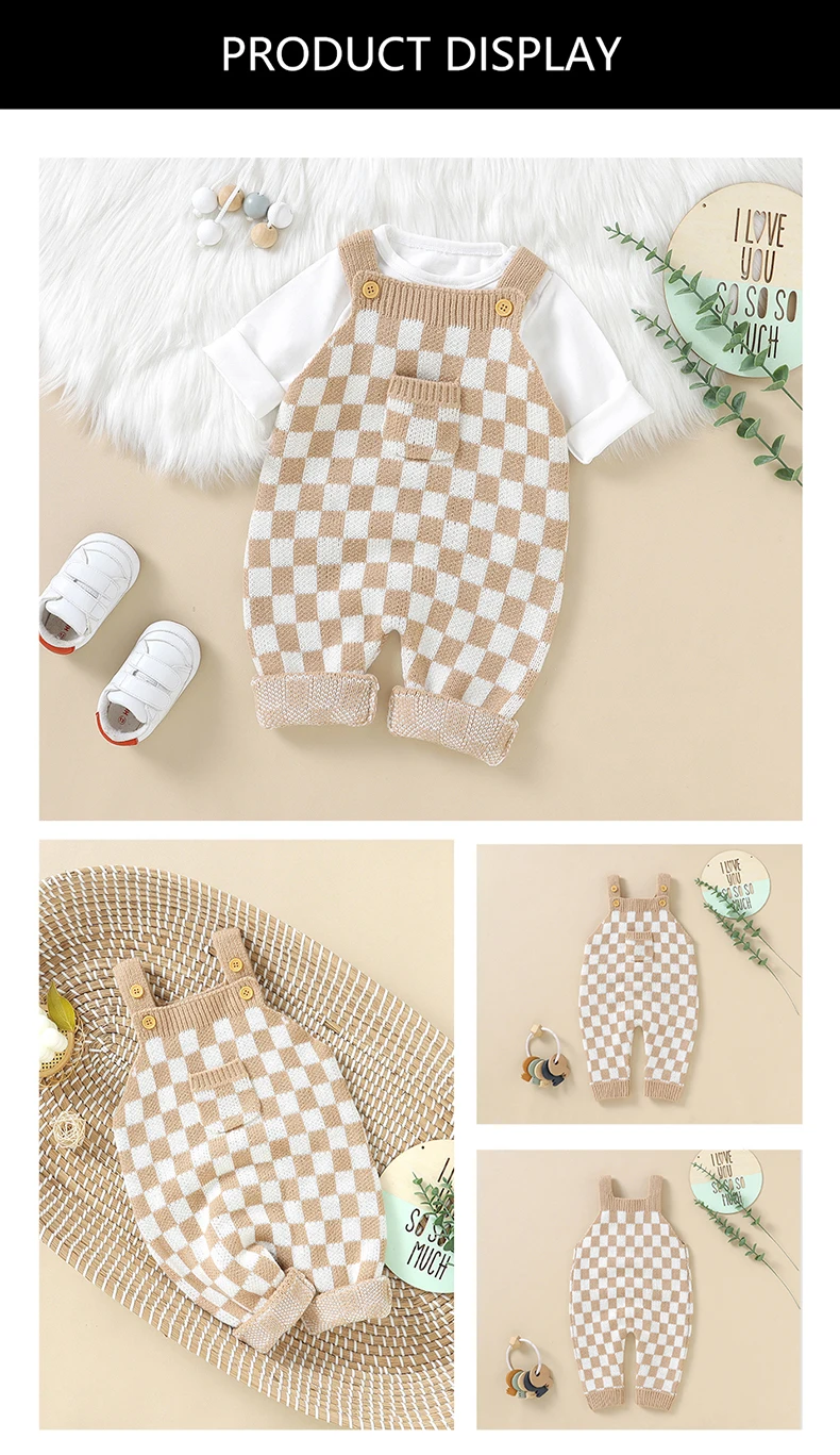 Neugeborenen Baby Strampler Gestrickte Säuglings Jungen Overall Ärmellose Herbst Kleinkind Kind Sling Kleidung Mode Plaid Tasche 0-18M Overalls – Detail 4