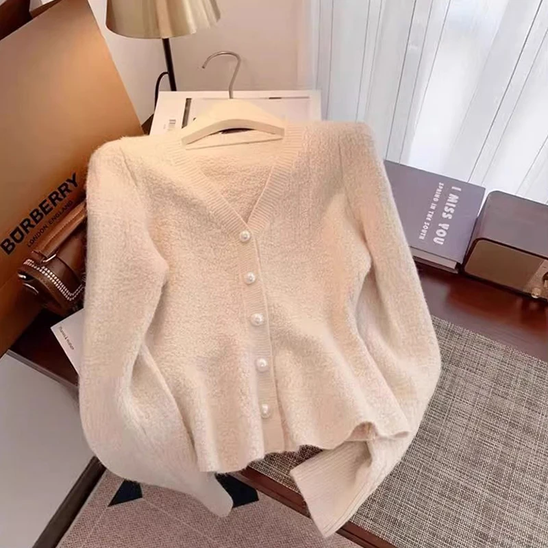 Szykowny, krótki sweter rozpinany damski koreański Vintage elegancki wąski top z dzianiny jesień Kawaii słodki sweter z guzikami płaszcz damski nowy