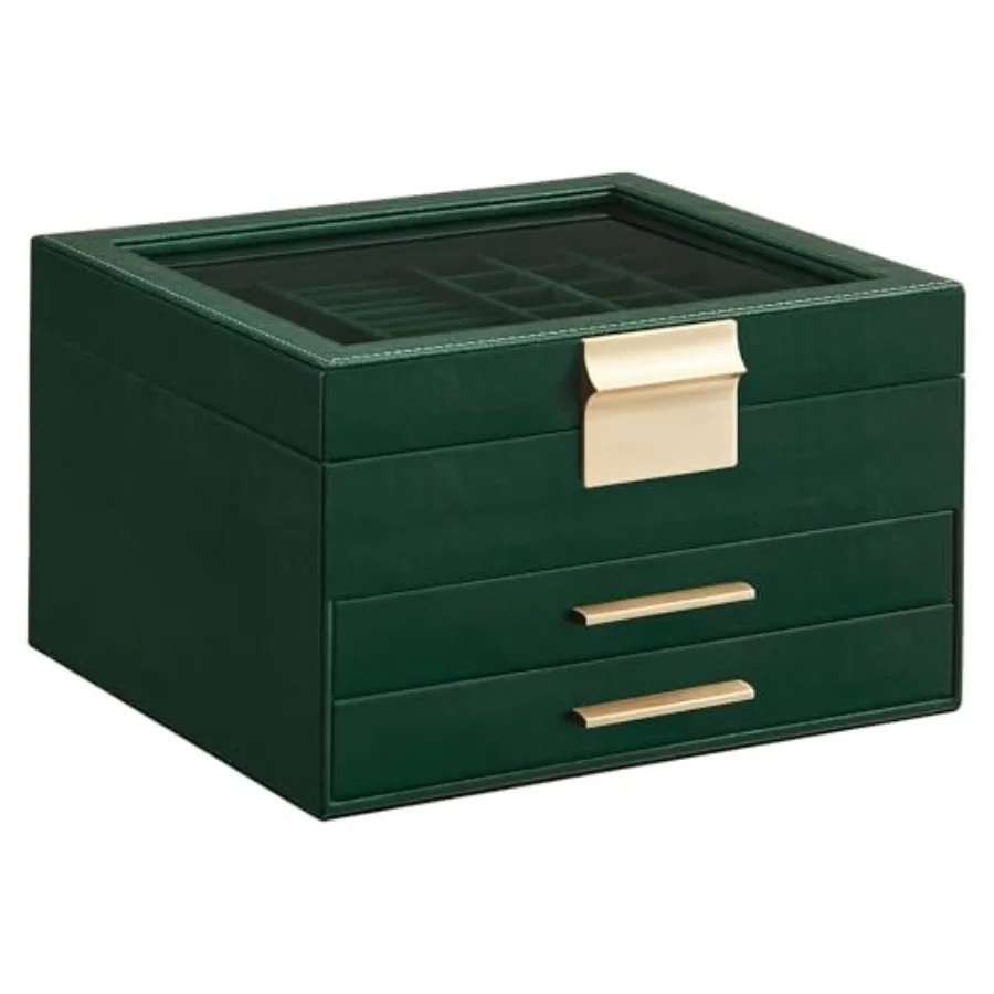 

Jewelry Box Organizer with Glass Lid 3-Layer Jewelry Storage with 2 Drawers Modern Style 8 x 9.1 x 5.3 Inches Forest Green and