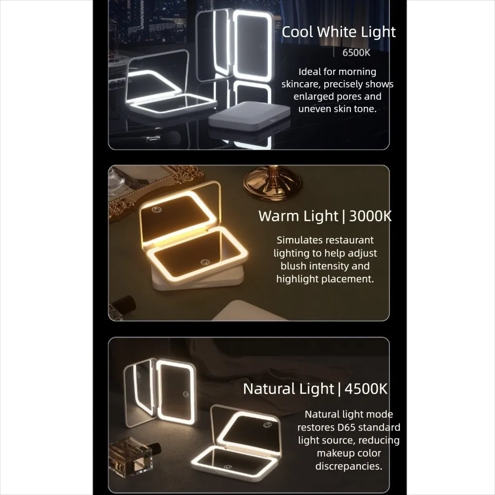 Mini Folding Makeup Mirror Portable Magnifying Aesthetic Vanity Mirrors 3 Color Lighting Dimmable LED Light Desktop Mirror