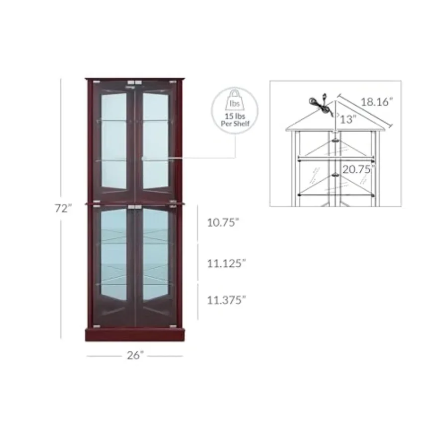 Lighted Corner Display Curio Cabinet for home bar use, wooden material, walnut finish, tempered glass door and 6 adjustable she view 2