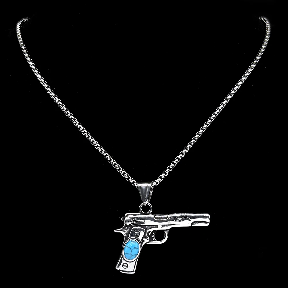 Retor Dark Punk Pistol Necklace For Women Men Stainless Steel Silver Color Turquoise Beak Street Hiphop Party Male Chain Jewelry view 4