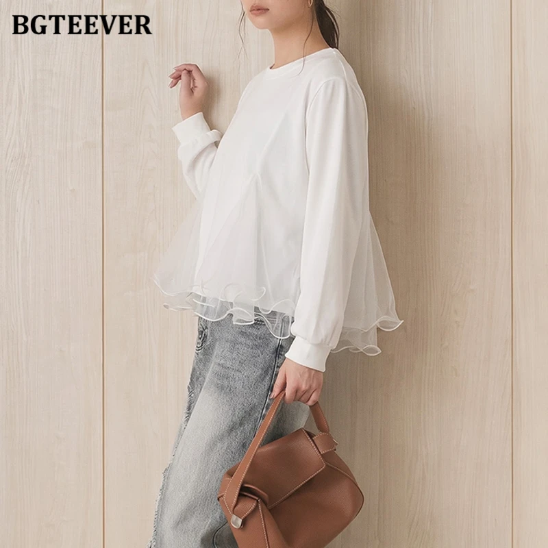 BGTEEVER Women's Long-Sleeve Sweatshirt Faux-Layered with Wavy-Edge Mesh Tops Spring Autumn