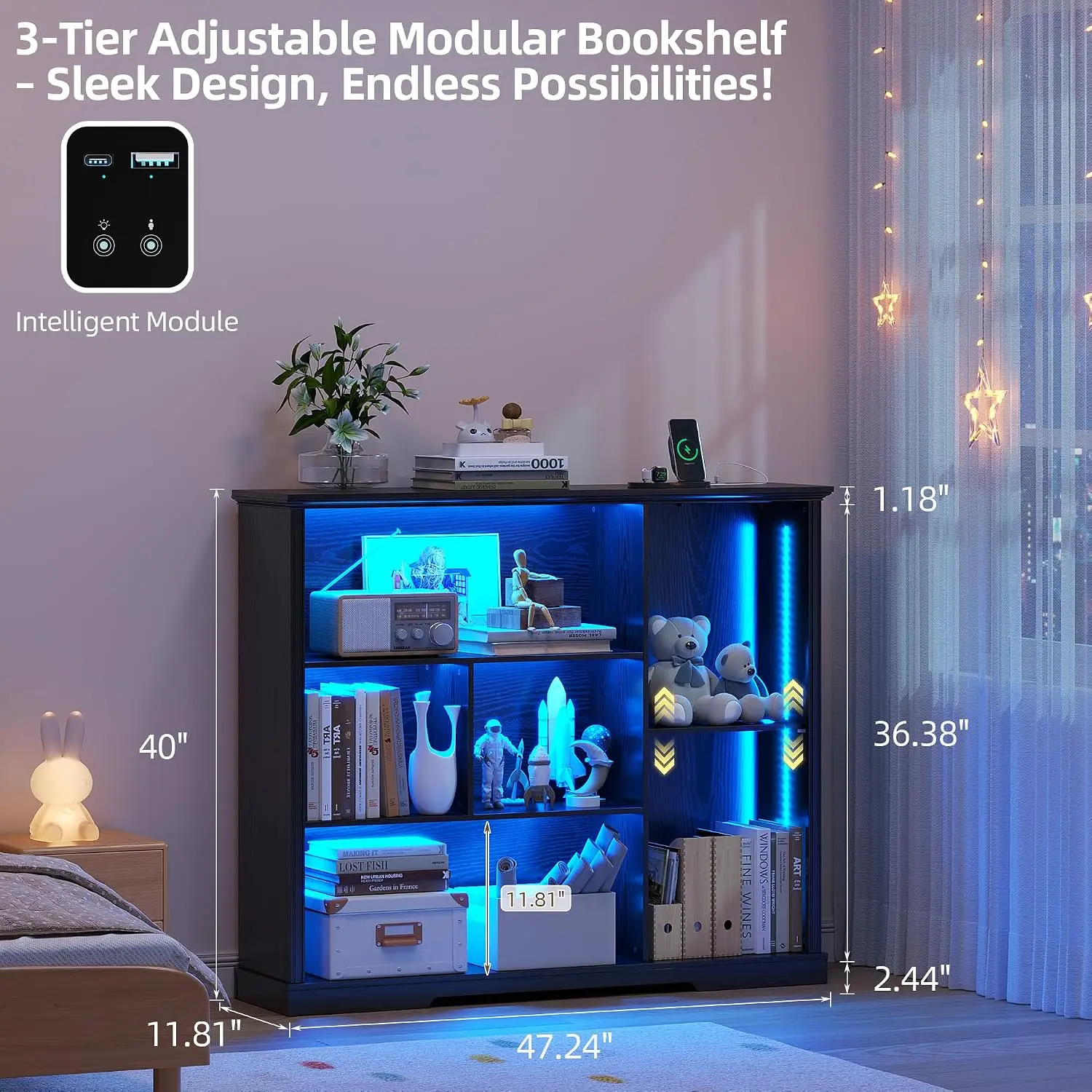 LED Display Shelf 3-Tier USB Charging Motion Sensor Adjustable 47.24x40 Inch Bedroom Storage, Customized