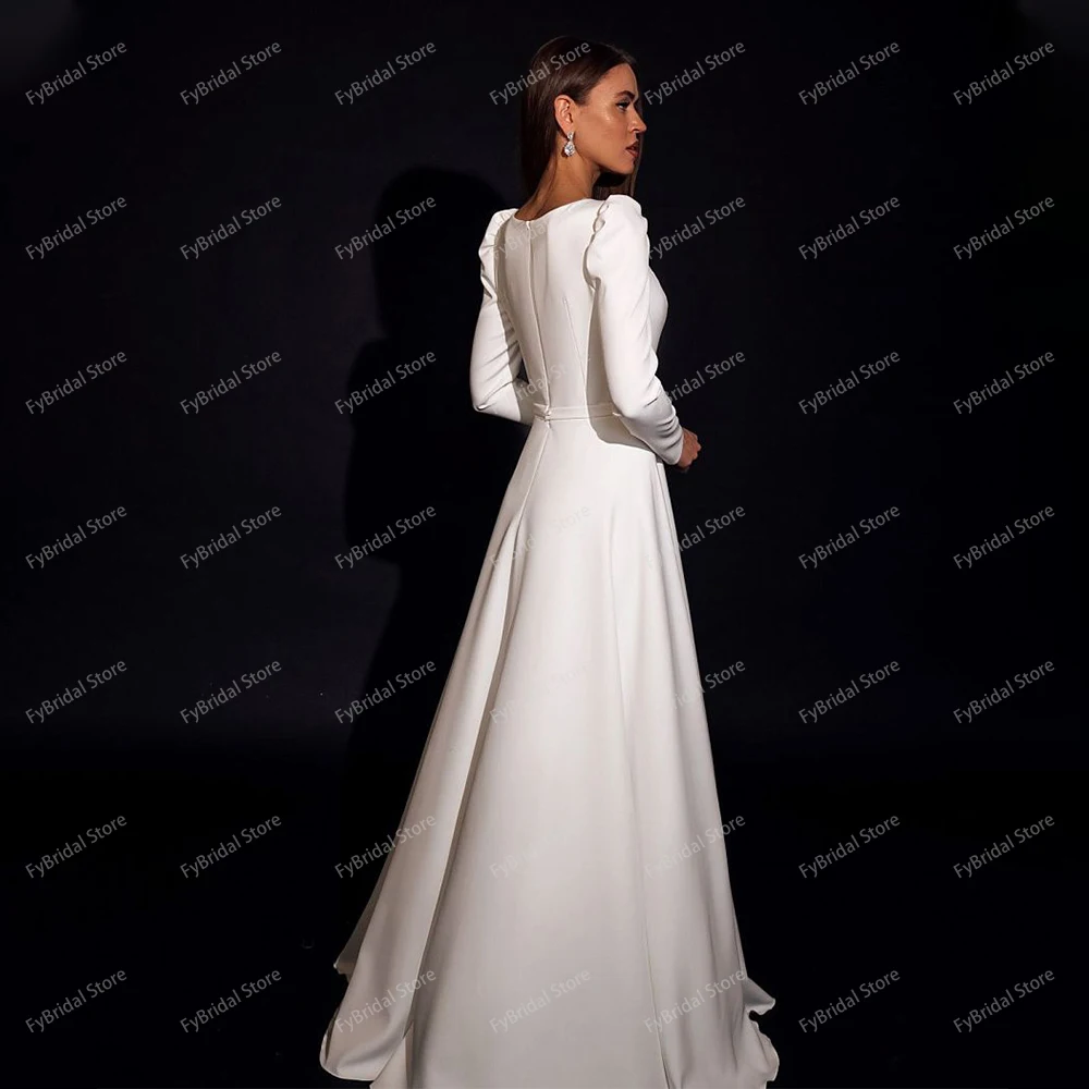 Elegant A Line ชุดแต่งงานสแควร์ CoALLER พัฟแขนยาวความยาวซาตินชุดเจ้าสาวง่าย Robe De Mariee CUSTOM Made