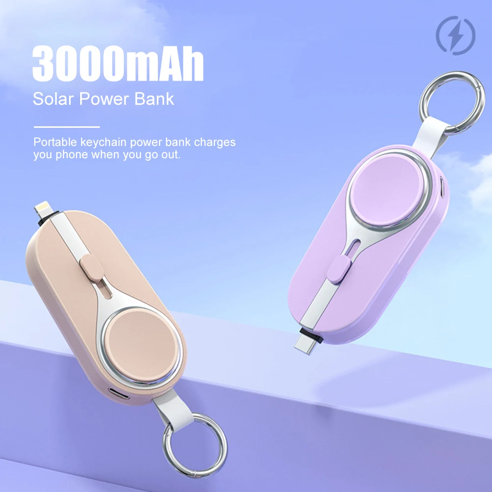 3000mAh Portable Car Solar Power Bank Type-C/For iPhone Wireless Quick Charger External Power Bank Keychain For Apple Watch