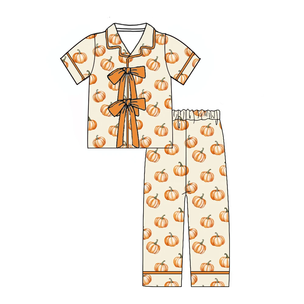 Thanksgiving Pumpkin Print Girls' Short-Sleeve Top with Two Bows and Button-Down Collar, Long Pants Boutique Pajama Set