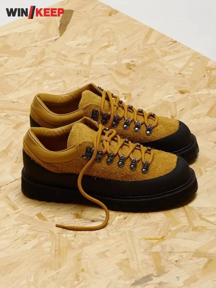 Outdoor Mens Cow Suede Leather Hiking Shoes Antiskid Platform Climbing Shoes Lace Up Thick Platform Sport Sneakers Camping Shoes