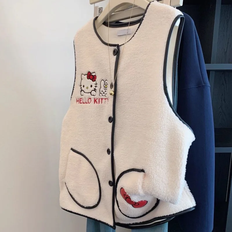 Hello Kitty Sleeveless Faux Shearling Vest with Smiley Pocket & Peek-a-Boo Design, Kawaii Cartoon Vest for Women's Casual Wear