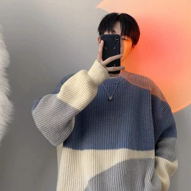 Unisex Oversized Crew Neck Knit Sweater Navy Black Beige Color Block Chunky Loose Fit Casual Pullover
