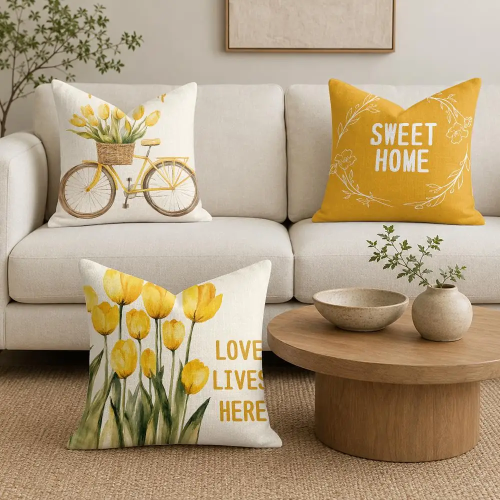 Warm Yellow Tulips Cushion Cover Natural Linen Organic Fabric Double-Sided Printing Sofa Home Decor Gift Pillow Cover