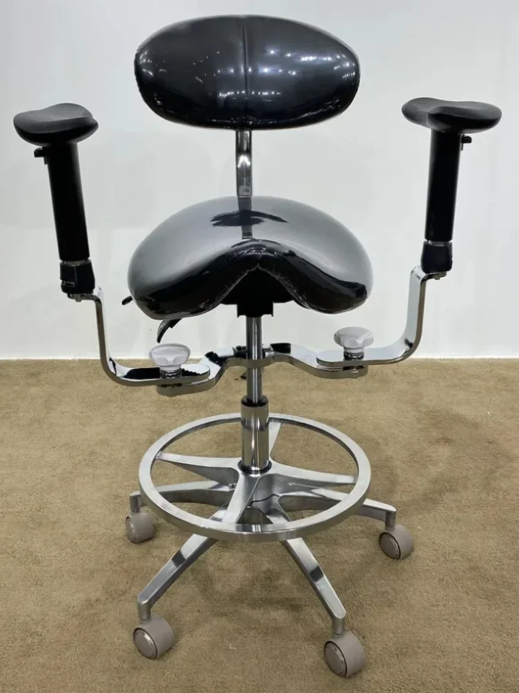 Dental equipment conforms to ergonomics. Saddle chair, adjustable armrests, leg pads, silent wheels, high quality