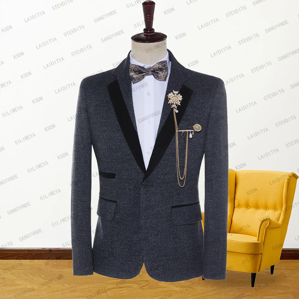 

Blazers Business Men Suit Blue Black Mixed Letter Pattern Velvet Trimmed Boutique Slim Fit 2023 Formal Wedding Dress Jacket Coat