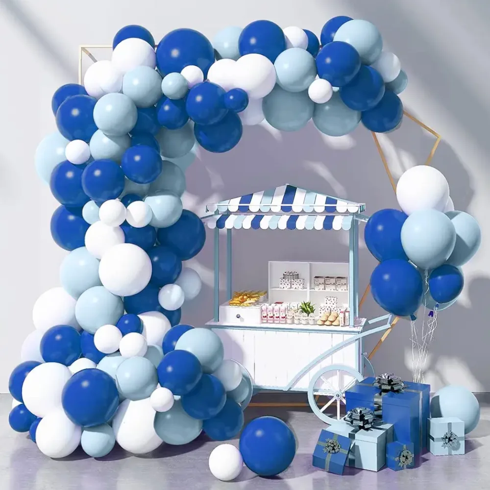 

Blue White Balloons Garland Kit, 100pcs Balloons Arch with 16ft Tape Strip & Dot Glue for Wedding, Anniversary Decorations