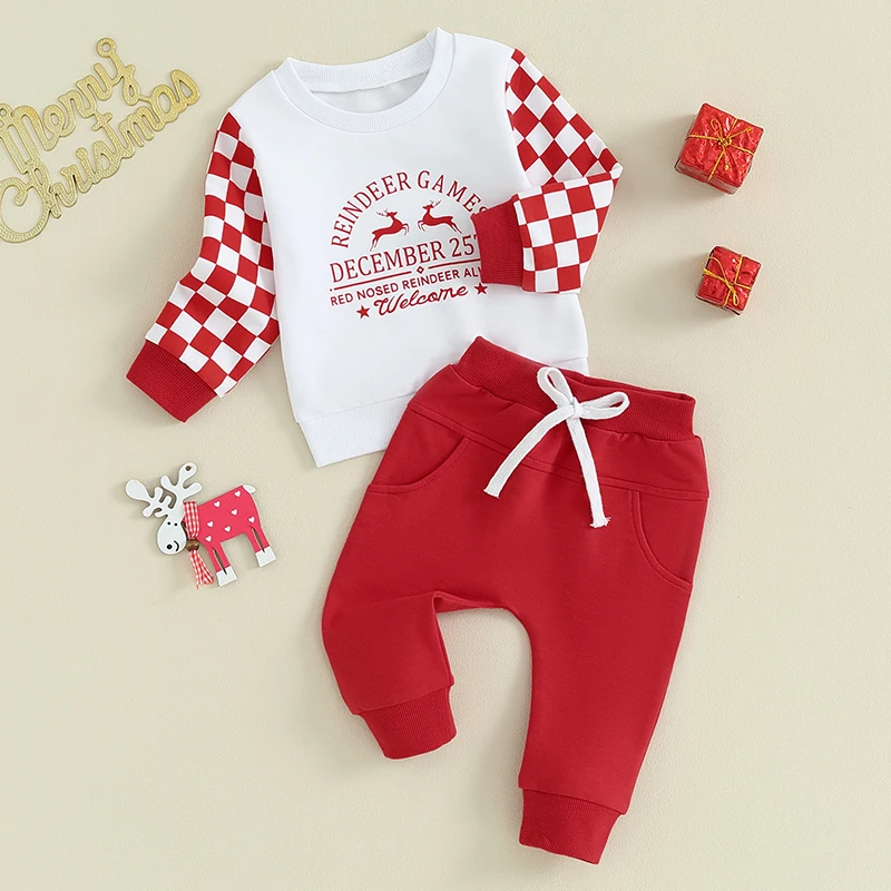 2023-09-04 Lioraitiin 3M-3Y Toddler Boy Christmas Outfits Letter & Checkerboard Pattern Long Sleeve Sweatshirt Tops Pants Set