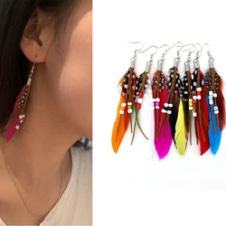 Women Faux Feather Earrings Boho Handmade Ultra Light Peacock Feather Fringe Tassel Long Drop Dangle Earrings Party Jewelry Gift