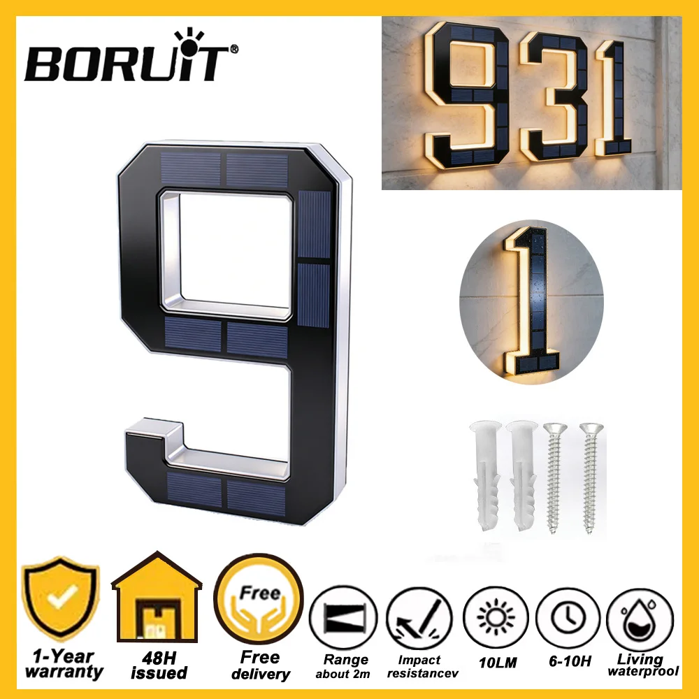 BORUiT Solar LED Olar House Number Light Outside Light-up Address Number Waterproof Modern Number Light for Garden Decoration