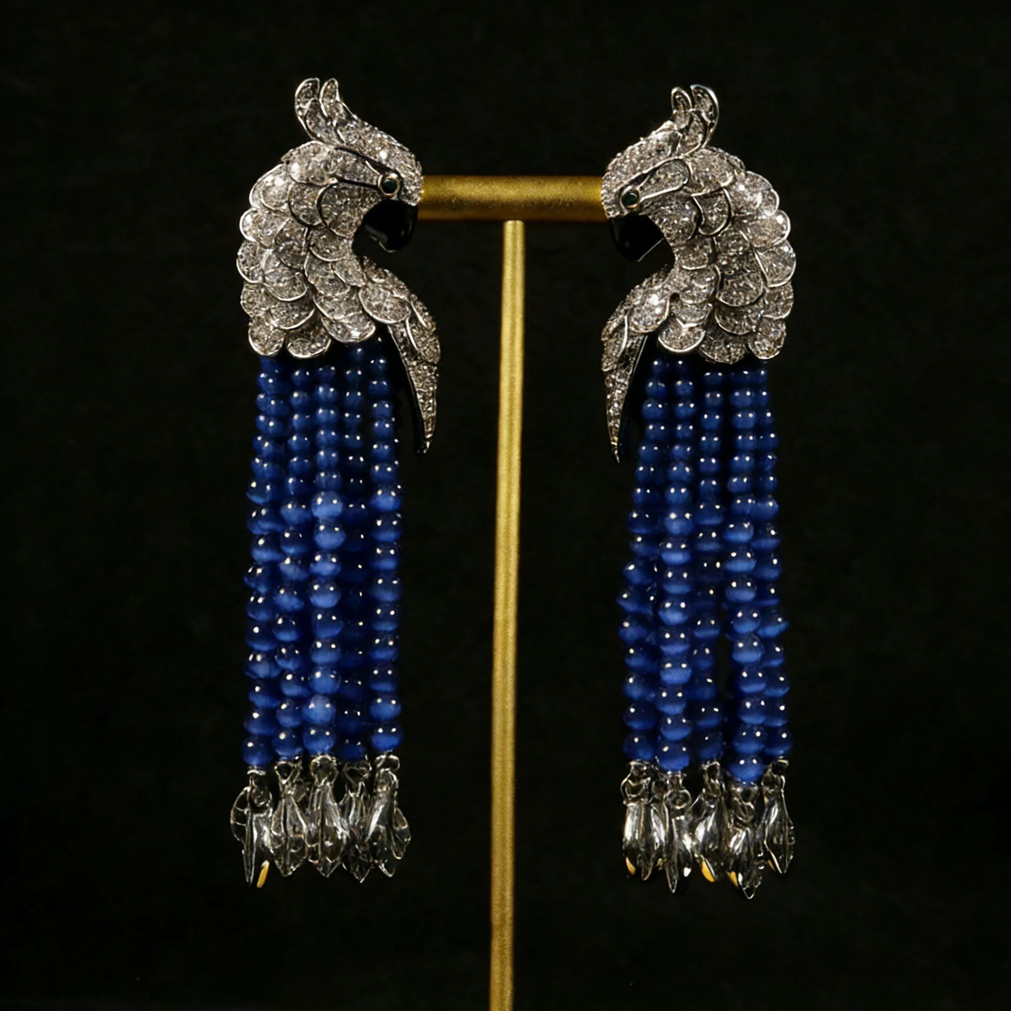 

Vintage Parrot Earrings Copper Real Gold Plating Blue Crystals Tassel Drops Animal Bird Earrings Jewelry Birthday Gift for Women