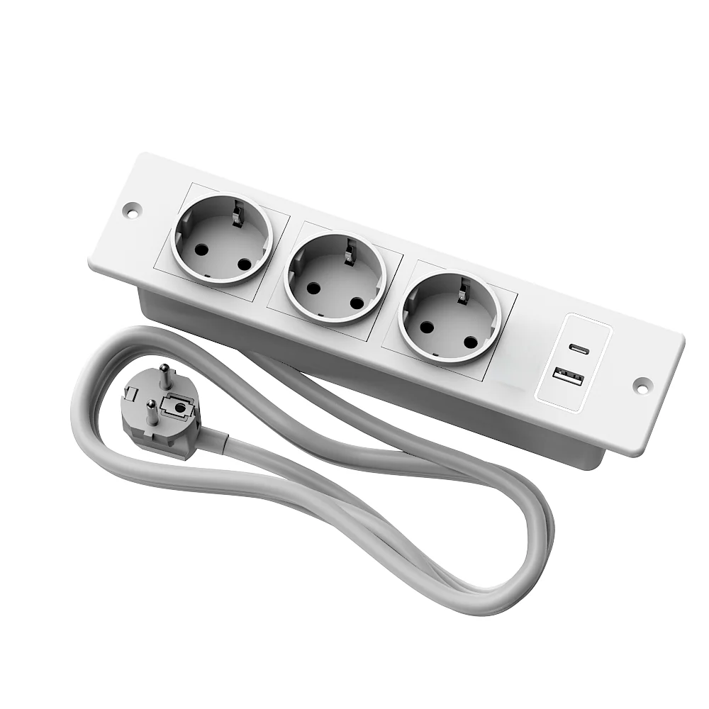 Recessed Embedded Power Socket Strip with 3 AC Ports 2 USB-A(5V2.1A) 1.5m Cord Multi Plug Outlet for Office Desk