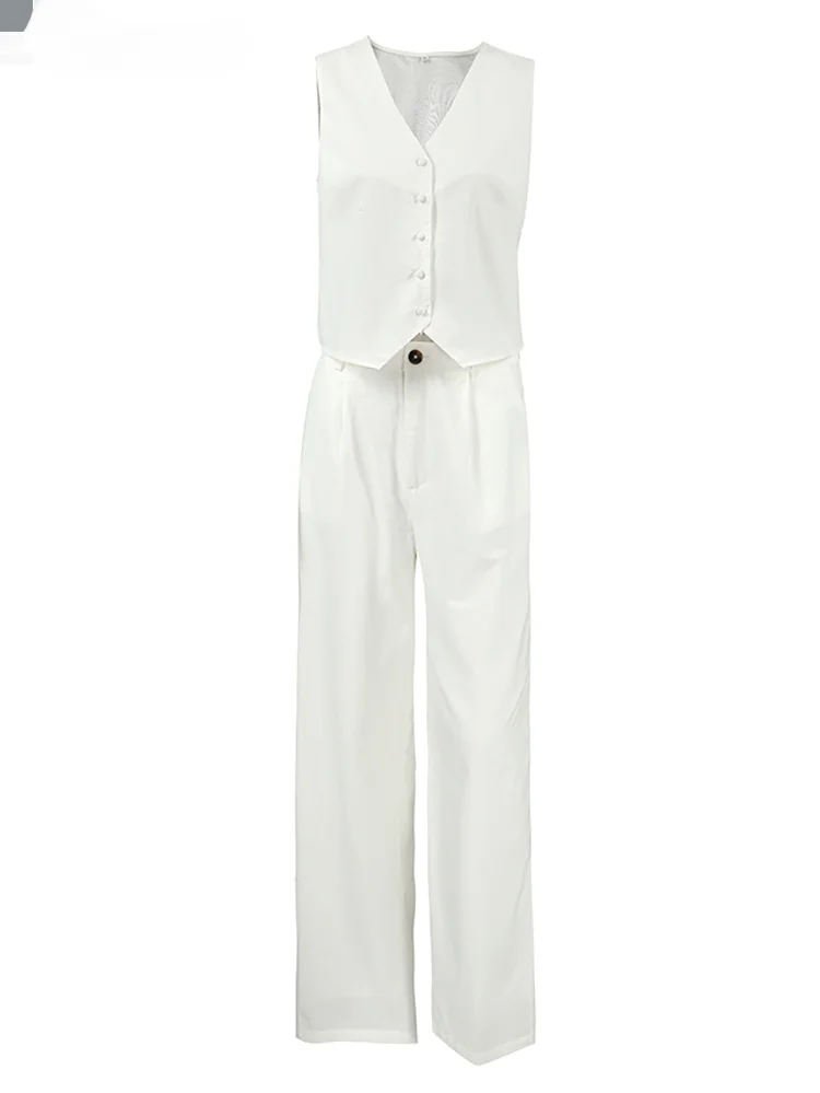 WZEDSS-elegante conjunto de dos piezas de algodón para mujer, Blazers de lino, Tops y pantalones de piernas anchas, color blanco, para oficina, verano, 2024