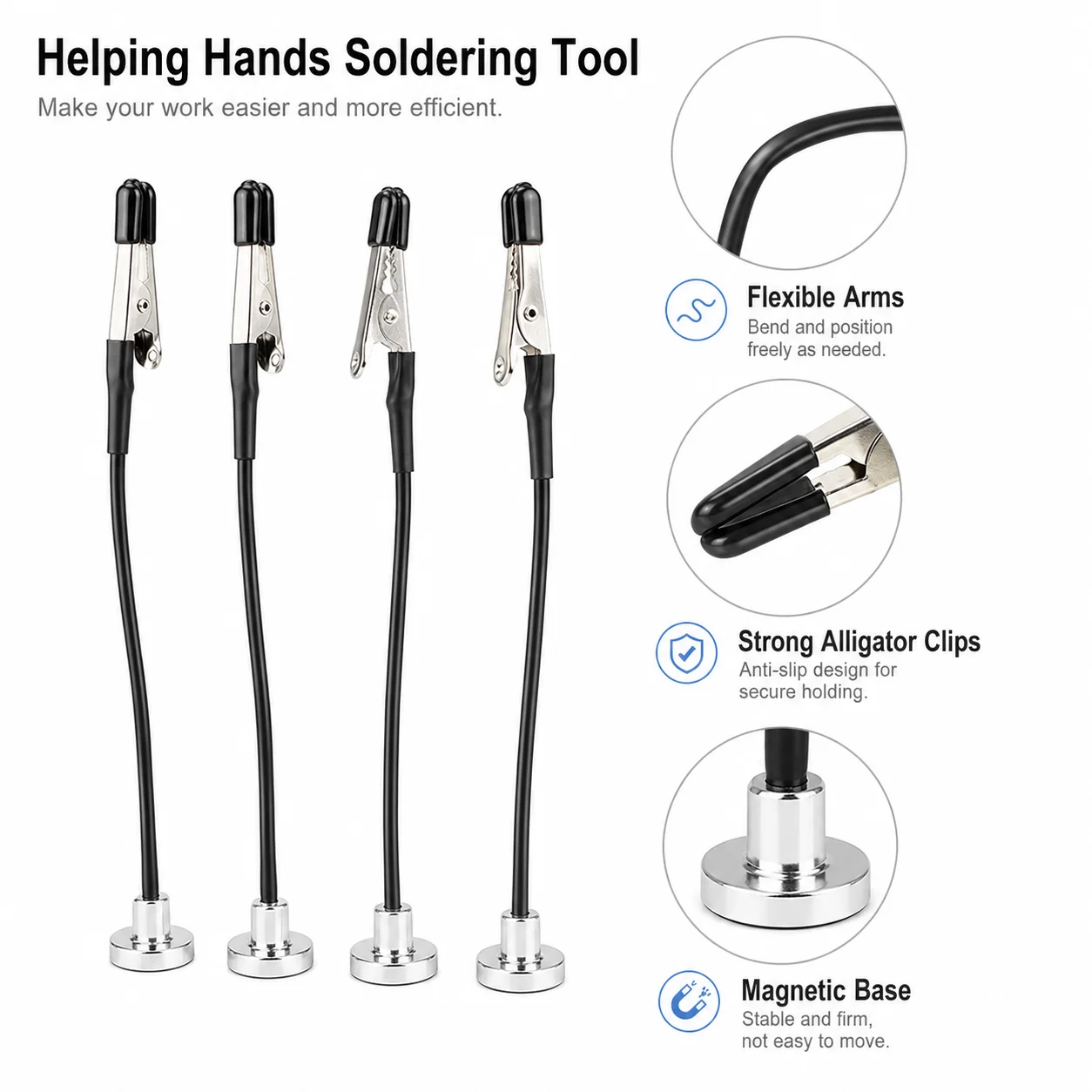 Dritte Hand zum Löten, 4-teiliger flexibler Arm mit magnetischer Basis, Krokodilklemmen, Leiterplattenhalter für Elektronik, Schweißen und Reparatur – Detail 5