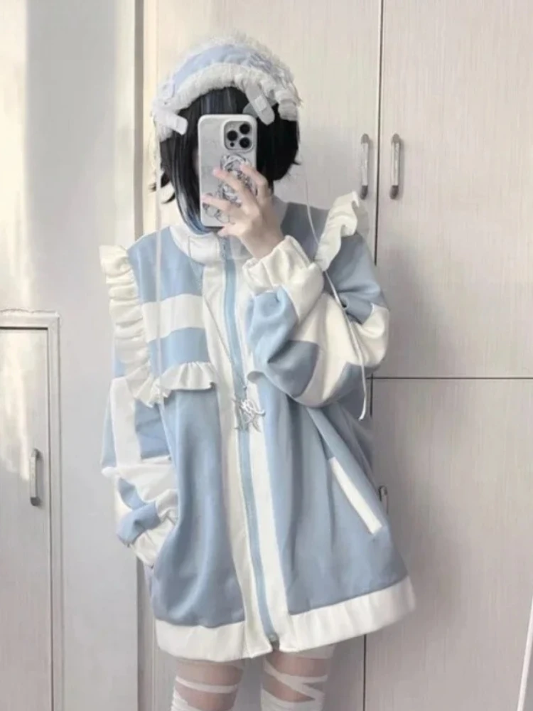 Harajuku Lolita Ruffles Patchwork Casual Jacket Women Oversized Long Sleeve Outerwear Japanese Y2K Casual Fashion Tops Coat
