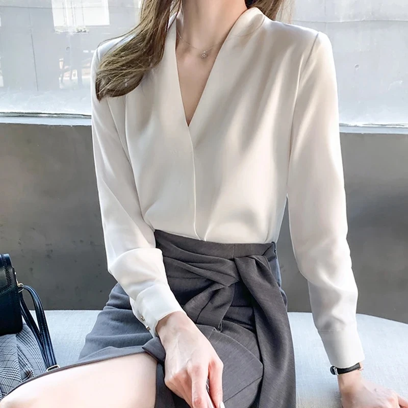 

New Chiffon White V-neck Women's Blouses Long Sleeve Spring High Street Shirt Ladies Top Solid Color ZT111