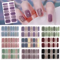 14Tips Foil Gel Nail Stickers Self-Adhesive Glittering Gel Full Nail Wraps Semi Cured Simple French Manicure Decal
