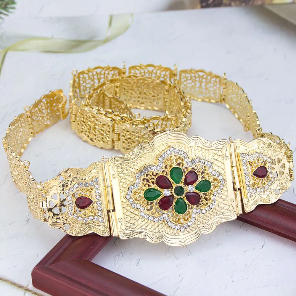 

Sunspicems Gold Color Morocco Caftan Belt Women Waist Belt Chain Adjustable Length Crystal Arabic Bridal Wedding Jewelry