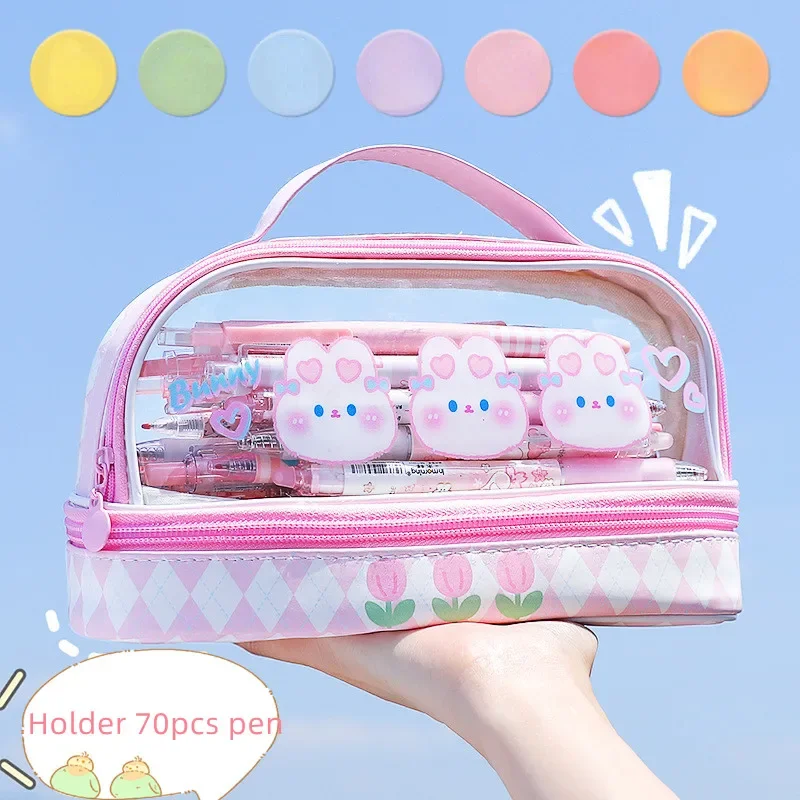 Simpatico astuccio trasparente Kawaii Bunny Bear Pencil Pouch sacchetto di immagazzinaggio di cancelleria Protable impermeabile ad alta capacità a 2